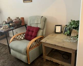 End tables (3) that match in this room, southwestern pottery, clay goods, home decor and more. Don't forget the Rocker! 