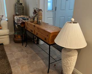 entryway style table (2) large southwestern lamp, unique grass basket, more southwestern vases