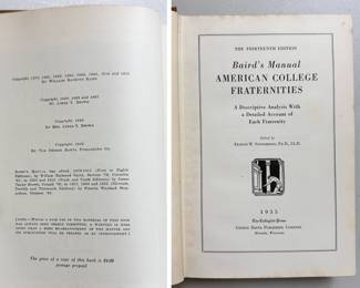 Inside pages of Baird's Manual American College Fraternities Thirteenth Edition, 1935 hardcover, George Banta Publishing Company