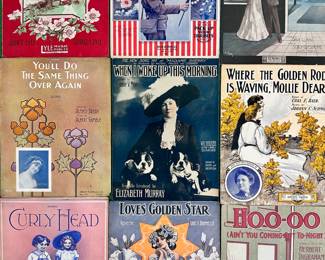 Just some of the stacks of antique sheet music at this sale, including Someday We'll Be Happy by John F. Lyle and George E. Lyle, Our Country's In It Now We've Got to Win it Now by Arthur Guy Empey, You'll Do The Same Thing Again by Alfred Bryan and Albert Gumble, When I Woke Up This Morning by Jimmie V. Monaco, Curly Head by Wm. McKenna and Albert Gumble, Loves Golden Star by Louis A. Drumheller, Hide From the Light of the Moon by Dave Clark and Sully Ginsberg, Where the Golden Rod is Waving Mollie Dear by Chas. E. Baer and Johan C. Schmidt, and Hoo-oo (Ain't You Coming Out Tonight) by Herbert Ingraham