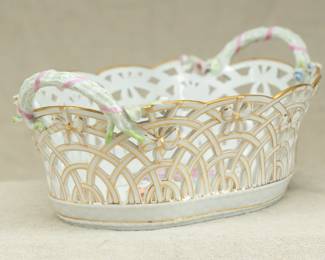 Another view of the superb signed antique KPM German openwork basket made of hand painted, partly gilded porcelain