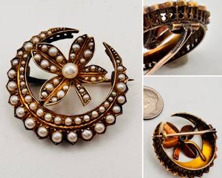 Antique unmarked gold and pearl crescent and flower brooch, likely 14k gold