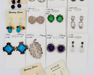 Sterling silver earrings, natural shell, beaded dangles, sparkly crystal flowers; pierced, clip, screw backs - and don't miss that Mexican silver stylized leaf brooch!