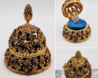 Vintage ring box, hinged dome form of open pierced work in a floral motif with interior blue padded holder for your most precious rings 
