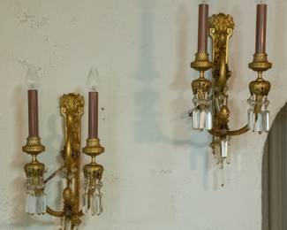 Fabulous pair of antique electrified gilt bronze two-light sconces with prisms
