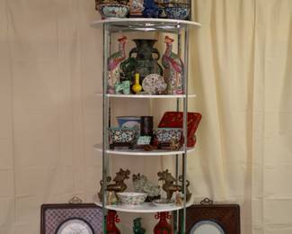 Chinese and Asian art including antique bamboo birdcages, cinnabar vases, jade carvings, Chinese export porcelain, Peking Glass, Indonesian carved wooden statues, and much more