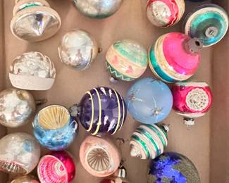 Classic vintage Christmas ornaments, hand blown glass in bright colors, many with hand painted decoration for your retro style Christmas tree