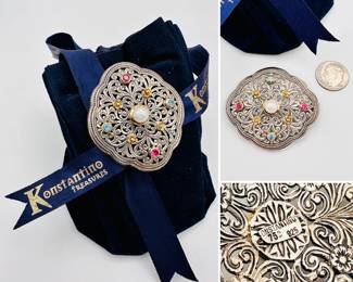 Konstantino sterling silver and 18k white gold brooch set with pearl and semi-precious stones