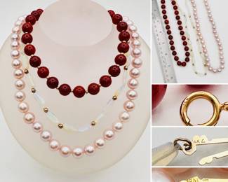 Natural stone beaded necklaces with 14k gold clasps, and a pink pearl necklace with 18k yellow gold clasp 