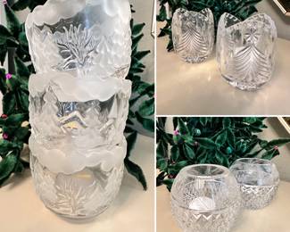 Winter holidays glass candle holders perfect for tea lights - clear and frosted glass with sculpted and carved winter scenes and sparkly patterns