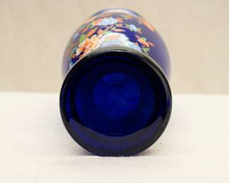 Another view of the vintage cobalt blue art glass vase with enameled decoration of butterflies and tree peony with gilt bands at rim, neck, shoulder and foot.
