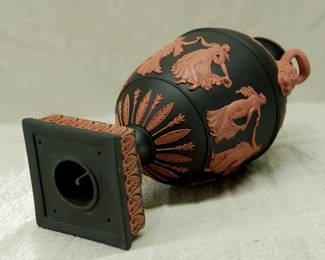 Another view of the marvelous Wedgwood black basalt 'Dancing Hours' lidded urn with applied terracotta relief and Bacchus head handles. Exquisitely fine modeling on this museum quality piece!