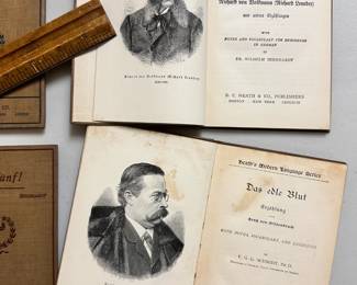 Inside pages of Heath's Modern Language Series, 4 hardcover books of German stories by authors Paul Heyse (1902), Helene Stokl (1909),  Ernest Adam von Wildenbruch (1898) and Richard Von Volkmann (1895); D. C. Heath & Co., publishers