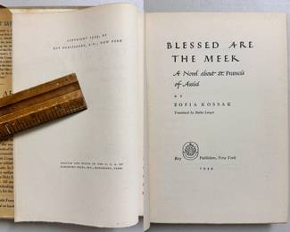 Inside pages of Blessed Are the Meek a Novel about St. Francis Assisi by Zofia Kossak, first edition hardcover 1944, Roy Publishers, NY
