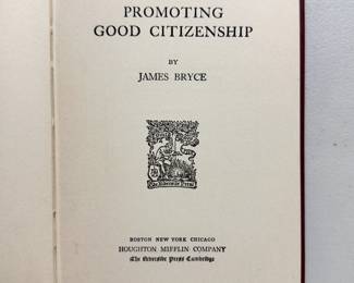 Inside page of Promoting Good Citizenship by James Bryce, hardcover, 1913, Houghton Mifflin Company publishers