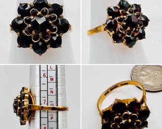 An antique rose cut garnet flower-form ring, made in Germany, with a 14ct yellow gold shank