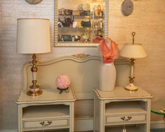 Vintage bedroom furniture set headboard and two night tables; vintage lamps