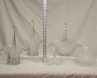 EAPG enthusiasts, get it here, including a lovely pair of Duncan & Miller bride's baskets with etched floral pattern, and an Anna Hutte "Margaret" pattern floral cut crystal basket from Germany