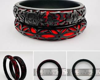 A beautiful pair of Chinese carved cinnabar lacquerware bangle bracelets, carved black peony meander over brilliant red ground