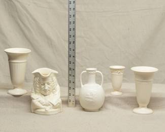 A rare antique Wedgwood Elihu Yale Toby Jug - manufactured in 1933 for the Yale Publishing  Company, Wedgwood creamware trumpet form vases and a Wedgwood Etruria & Barlaston Queensware twin handled vase embossed with classical motifs 