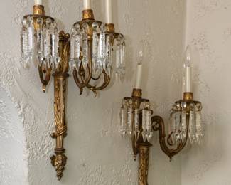 Another view of the fabulous pair of antique electrified gilt bronze three-light sconces with prisms