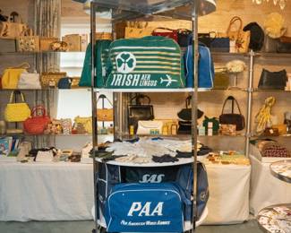 Vintage travel bags from Air France, BOAC, Irish Aer Lingus, Pan American World Airways, SAS; huge variety of vintage handbags and purses, large selection of costume jewelry and fine jewelry