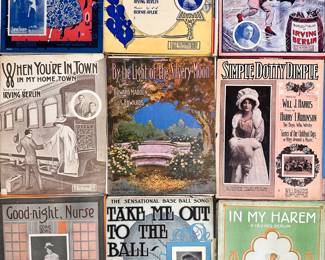 Just some of the stacks of antique sheet music at this sale, true Americana from the Tin Pan Alley songwriters era including songs by Irving Berlin, many others from top Broadway musicals in the late 19th/early 20th century including Walkin' The Dog by Shelton Brooks, The Dying Rag by Irving Berlin and Bernie Adler, Call Me Up Some Rainy Afternoon by Irving Berlin, When You're in Town in My Home Town by Irving Berlin, By The Light of the Silvery Moon by Edward Madden & Gus Edwards, Simple Dottie Dimple by Will J. Harris and Harry I. Robinson, Good-night Nurse by Thomas J. Gray and W. Raymond Walker, Take Me Out to the Ball Game by Jack Norworth and Albert Von Tilzer, and In My Hair by Irving Berlin