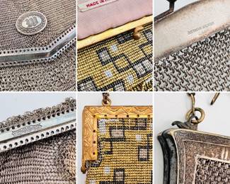 Closeup view of the antique Whiting & Davis metal mesh chainmail Princess Mary design purse/handbag with metal chain handle, an antique French Art Deco metal mesh beaded fringed handbag with gold and black geometric pattern and metal beaded fringe, and a 1920s metal mesh handbag with chain handle, the frame stamped German Silver