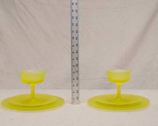 Vintage depression era frosted canary yellow uranium glass dessert sets, a sherbet glass, liner, and luncheon plate.