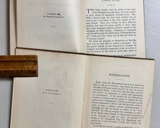 Inside pages of Heath's Modern Language Series, 4 hardcover books of German stories by authors Paul Heyse (1902), Helene Stokl (1909),  Ernest Adam von Wildenbruch (1898) and Richard Von Volkmann (1895); D. C. Heath & Co., publishers