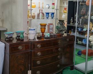 A vintage sideboard / buffet, shown with antique art glass, Chinese and Asian art, vintage Wedgwood pottery, Chinese porcelain