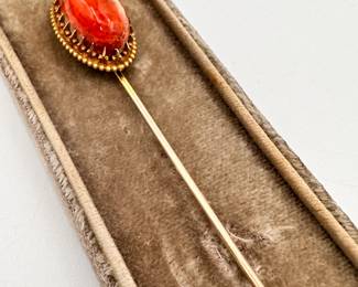 Another view of the fabulous Mexican fire opal cabochon stickpin in unmarked gold
