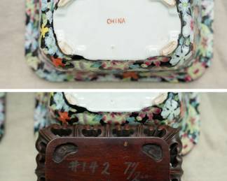 Another view of the pair of Chinese porcelain jardinières, rectangular with millefleur decoration in polychrome enamels, each stamped "China" and with carved wooden stands