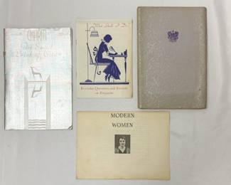 Vintage pamphlets and correspondence lessons, etiquette guides including "Charm: The Smart Point of View" and "What Shall I Do - Everyday Questions and Answers on Etiquette"