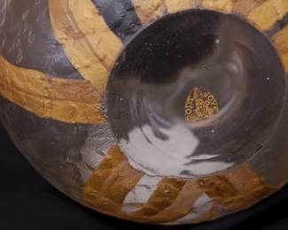 Closeup of the antique Mont Joye Legras art glass vase, acid etched and enameled with iris flowers and leaves; marked on the base with the Mont Joye L C (Legras et Cie)