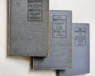 Three antique Lake English Classic books: Treasure Island by Robert Louis Stevenson, 1904, hardcover, Edited by Edmund Kemper Broadus, publisher Scott, Foresman and Company; The Last of the Mohicans by James Fenimore Cooper, 1899, hardcover, edited by Edwin Herbert Lewis, publisher Scott, Foresman and Company; and The Sir Roger de Coverley Papers from The Spectator, 1898, edited by Herbert Vaughan Abbott, publisher Scott, Foresman and Company