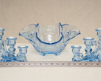 Pair of Summit Art Glass light blue candlesticks circa 1985 (made using the Cambridge Caprice No. 1338 three-light candlesticks mold), and a Cambridge Alpine Blue 4-footed glass bowl