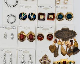 Costume jewelry earrings from Swarovski, Monet and more, some sterling silver, rhinestones, colorful enamel and glass; statement brooches 