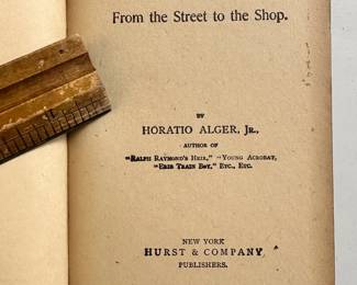 Inside page of Slow and Sure, by Horatio Alger, Jr., hardcover, early 1900s printing, former owner's name inside cover with a date of 1908