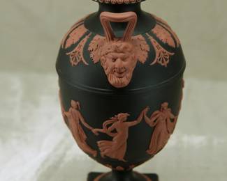 Another view of the marvelous Wedgwood black basalt 'Dancing Hours' lidded urn with applied terracotta relief and Bacchus head handles. Exquisitely fine modeling on this museum quality piece!