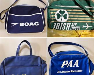 Classic aviation travel gear: A vintage British Overseas Airways Corporation BOAC travel bag, a vintage Irish Aer Lingus travel bag, a Lufthansa duffel bag and a Pan American World Airways tote bag