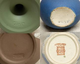 Closeup of the Wedgwood jasperware and jasper dip vases and footed dish in green, blue, dark blue and taupe, along with a Copeland Spode jasperware style vase