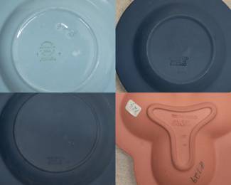 Closeup of the selection of Wedgwood Jasperware and embossed Queen's Ware ashtrays and plate