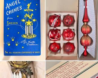 Vintage "Angel Chimes from Sweden" brass centerpiece in original box, and Romanian red glass hand painted Christmas ornaments and tree topper ornament in original packaging