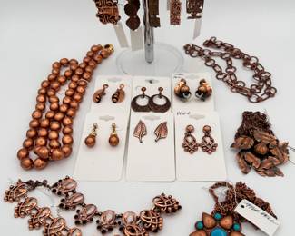 Eye catching mid-century modern MCM copper bracelets, necklaces and earrings from Copper Belle, Renoir, and more, all beautifully crafted with old Hollywood style