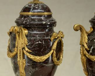 Another closeup of the pair of neoclassical style ormolu or gilt bronze and marble urn form lamps