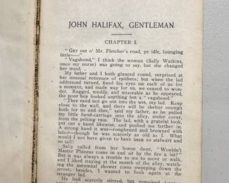 Inside page of antique printing of John Halifax, Gentleman by Miss Mulock (Mrs Craik), leather bound in what appears to be crocodile skin; Hurst & Company Publishers New York