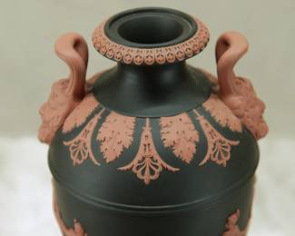 Closeup of the marvelous Wedgwood black basalt 'Dancing Hours' lidded urn with applied terracotta relief and Bacchus head handles. Exquisitely fine modeling on this museum quality piece!