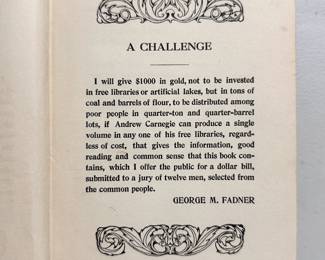 Inside page of A Pound Of Brains by George M. Fadner, 1908 first edition, hardcover, self-published