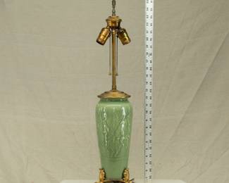 Rookwood Pottery table lamp molded Fuschia pattern, shape #6045, vase portion 11.5", original stand other metal parts added